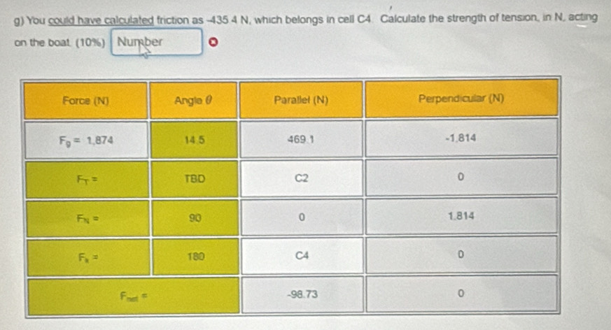 You could have calculated friction as -435 4 N, which belongs in cell C4. Calculate the strength of tension, in N, acting
on the boat. (10%) Number 。