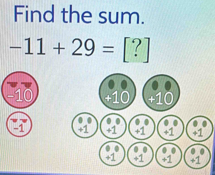 Find the sum.
-11+29=
−10
-1