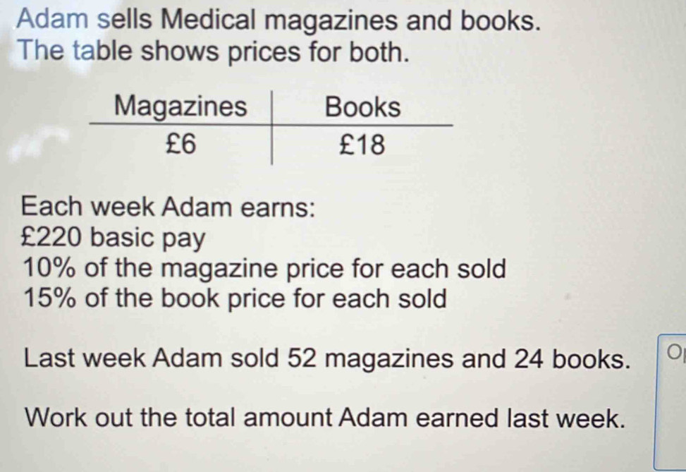Solved: Adam sells Medical magazines and books. The table shows prices ...