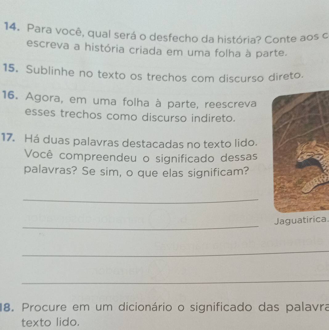 Para você, qual será o desfecho da história? Conte aos o 
escreva a história criada em uma folha à parte. 
15. Sublinhe no texto os trechos com discurso direto. 
16. Agora, em uma folha à parte, reescreva 
esses trechos como discurso indireto. 
17. Há duas palavras destacadas no texto lido. 
Você compreendeu o significado dessas 
palavras? Se sim, o que elas significam? 
_ 
_ 
Jaguatirica. 
_ 
_ 
18. Procure em um dicionário o significado das palavra 
texto lido.