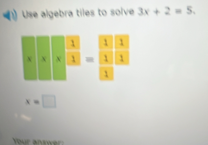 Solved: Use algebra tiles to solve 3x+2=5. x= Your answer: [Math]