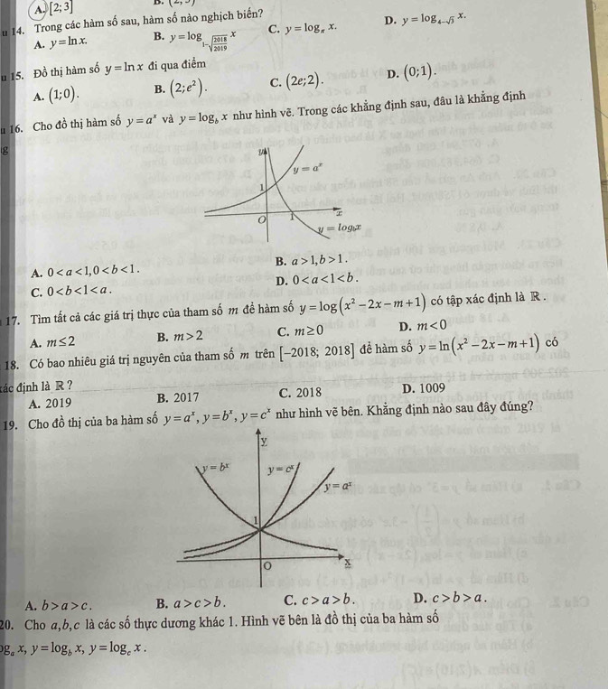 A. [2;3] D (2,3)
u 14. Trong các hàm số sau, hàm số nào nghịch biến?
A. y=ln x. B. y=log _1-sqrt(frac 2018)2019x C. y=log _π x. D. y=log _4-sqrt(3)x.
u 15. Đồ thị hàm số y=ln x đi qua điểm
A. (1;0). B. (2;e^2). C. (2e;2). D. (0;1).
16. Cho đồ thị hàm số y=a^x và y=log _bx như hình vẽ. Trong các khẳng định sau, đâu là khẳng định
g
B.
A. 0 a>1,b>1.
D. 0
C. 0
17. Tìm tất cả các giá trị thực của tham số m đề hàm số y=log (x^2-2x-m+1) có tập xác định là R .
A. m≤ 2 B. m>2 C. m≥ 0 D. m<0</tex>
18. Có bao nhiêu giá trị nguyên của tham số m trên [-2018;2018] đề hàm số y=ln (x^2-2x-m+1) có
đác định là R ? D. 1009
A. 2019 B. 2017 C. 2018
19. Cho đồ thị của ba hàm số y=a^x,y=b^x,y=c^x như hình vẽ bên. Khẳng định nào sau đây đúng?
A. b>a>c. B. a>c>b. C. c>a>b. D. c>b>a.
20. Cho a,b,c là các số thực dương khác 1. Hình vẽ bên là đồ thị của ba hàm số
g_ax,y=log _bx,y=log _cx.