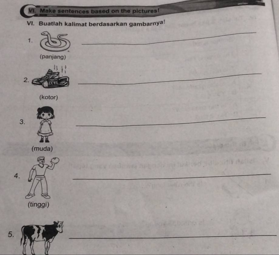 Make sentences based on the pictures! 
VI. Buatlah kalimat berdasarkan gambarnya! 
1. 
_ 
(panjang) 
2. n 
_ 
(kotor) 
3. 
_ 
(muda) 
4. 
_ 
5. 
_