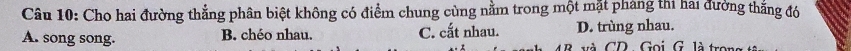 Cho hai đường thẳng phân biệt không có điểm chung cùng nằm trong một mặt pháng thi hai đường thắng đó
A. song song. B. chéo nhau. C. cất nhau. D. trùng nhau.
Và CD. Goi G. là trons
