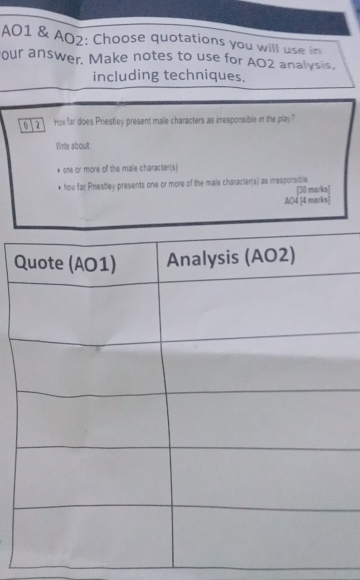 A01 & AO2: Choose quotations you will use in 
our answer. Make notes to use for AO2 analysis, 
including techniques. 
a How far does Priestley present male characters as irresponsible in the play? 
Write about. 
* one or more of the male character(s) 
* how far Priestley presents one or more of the male characten(s) as imesponsible 
[30 marks] 
AO4 [4 marks] 
Q