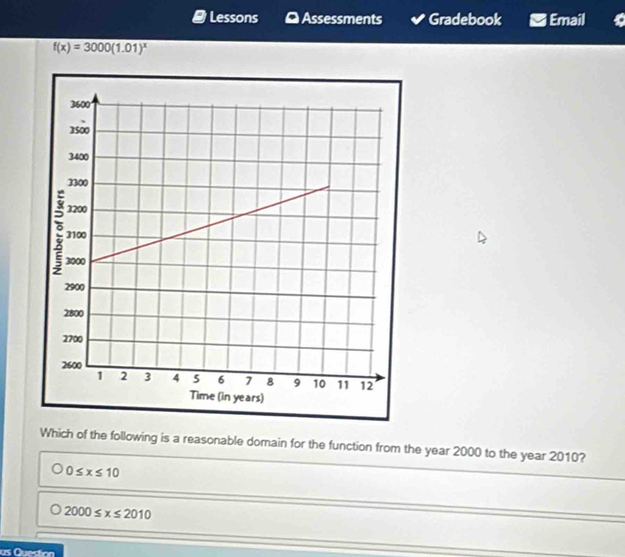 Lessons Assessments Gradebook Email
f(x)=3000(1.01)^x
Which of the following is a reasonable domain for the function from the year 2000 to the year 2010?
0≤ x≤ 10
2000≤ x≤ 2010
as Question