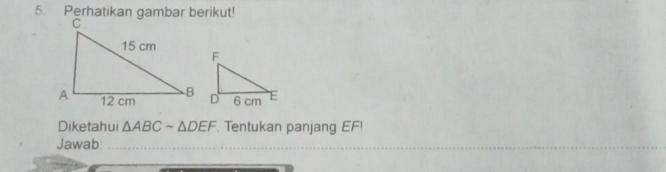 Diketahui △ ABCsim △ DEF. Tentukan panjang EF! 
Jawab_ 
__