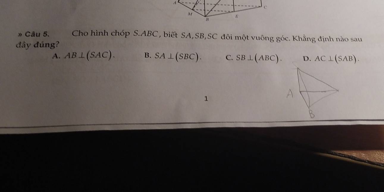 » Câu 5. Cho hình chóp S. ABC, biết SA, SB,SC đôi một vuông góc. Khẳng định nào sau
đây đúng?
A. AB⊥ (SAC). B. SA⊥ (SBC). C. SB⊥ (ABC). D. AC⊥ (SAB). 
1