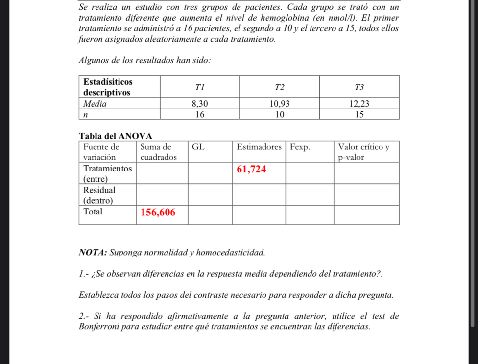 Se realiza un estudio con tres grupos de pacientes. Cada grupo se trató con un 
tratamiento diferente que aumenta el nivel de hemoglobina (en nmol/l). El primer 
tratamiento se administró a 16 pacientes, el segundo a 10 y el tercero a 15, todos ellos 
fueron asignados aleatoriamente a cada tratamiento. 
Algunos de los resultados han sido: 
NOTA: Suponga normalidad y homocedasticidad. 
1.- ¿Se observan diferencias en la respuesta media dependiendo del tratamiento?. 
Establezca todos los pasos del contraste necesario para responder a dicha pregunta. 
2.- Si ha respondido afirmativamente a la pregunta anterior, utilice el test de 
Bonferroni para estudiar entre qué tratamientos se encuentran las diferencias.