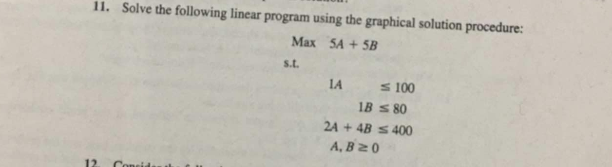 Solve the following linear program using the graphical solution procedure:
Max 5A+5B
s.t.
1A □  ≤ 100
1B≤ 80
2A+4B≤ 400
A, B≥ 0
1