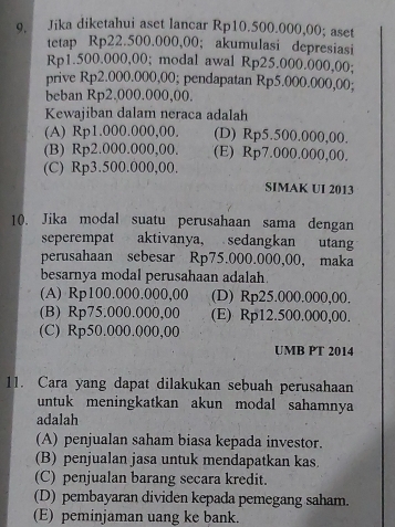 Jika diketahui aset lancar Rp10.500.000,00; aset
tetap Rp22.500.000,00; akumulasi depresiasi
Rp1.500.000,00; modal awal Rp25.000.000,00;
prive Rp2.000.000,00; pendapatan Rp5.000.000,00;
beban Rp2.000.000,00.
Kewajiban dalam neraca adalah
(A) Rp1.000.000,00. (D) Rp5.500.000,00.
(B) Rp2.000.000,00. (E) Rp7.000.000,00.
(C) Rp3.500.000,00.
SIMAK UI 2013
10. Jika modal suatu perusahaan sama dengan
seperempat aktivanya, sedangkan utang
perusahaan sebesar Rp75.000.000,00, maka
besarnya modal perusahaan adalah.
(A) Rp100.000.000,00 (D) Rp25.000.000,00.
(B) Rp75.000.000,00 (E) Rp12.500.000,00.
(C) Rp50.000.000,00
UMB PT 2014
11. Cara yang dapat dilakukan sebuah perusahaan
untuk meningkatkan akun modal sahamnya
adalah
(A) penjualan saham biasa kepada investor.
(B) penjualan jasa untuk mendapatkan kas.
(C) penjualan barang secara kredit.
(D) pembayaran dividen kepada pemegang saham.
(E) peminjaman uang ke bank.