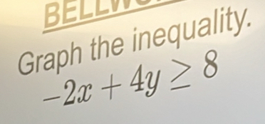 BELLW 
Graph the inequality.
-2x+4y≥ 8