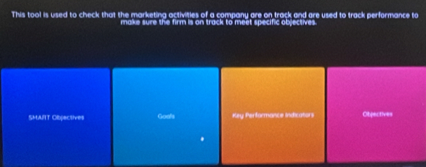 This tool is used to check that the marketing activities of a company are on track and are used to track performance to 
make sure the firm is on track to meet specific objectives. 
5MART Objectives Goals Key Performance Indicators Objectives 
.