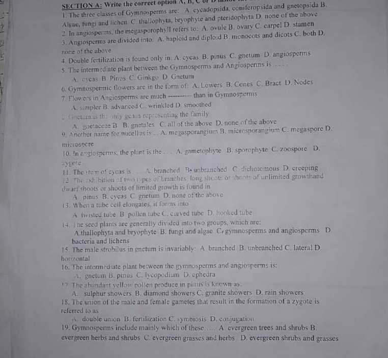 Write the correct option A, B, C  D I
1. The three classes of Gymnosperms are: A. cycadopsida, coniferopsida and gnetopsida B
Algae, fungi and lichen C. thallophyta, bryophyte and pteridophyta D. none of the above
2. In angiosperms, the megasporophylI refers to: A. ovule B. ovary C. carpel D. stamen
3. Angiosperms are divided into: A. haploid and diploid B. monocots and dicots C. both D.
none of the above
4. Double fertilization is found only in: A. cycas B. pinus C. gnetum D. angiosperms
5. The intermediate plant between the Gymnosperms and Angiosperms is .  . .
A. cycas B. Pines C. Ginkgo D Gnetum
6. Gymnospermic flowers are in the form of: A. Lowers B. Cones C. Bract D. Nodes
7. Flowers in Angiosperms are much ---------- than in Gymnosperms
A. simpler B. advanced C. wrinkled D. smoothed
L Guetan is the only geaus representing the family
A. gnetaceae B B. gnetales C. all of the above D. none of the above
9. A nother name for nucellus is ... A. megasporangium B. micresporangium C. megaspore D.
microsocre
10. In angiosperms, the plant is the A. gametophyte B. sporophyte C. zoospore D.
zygete
11. The ste n of eycas is A. branched B. unbranched C. dichatomous D. creeping
12 The exhibition of two topes of branches, long shoots or shoots of unlimited growthand
dwarf shoots or shoots of limited growth is found in
A. pinus B. cyeas C. gnetum D. none of the above
13. When a tube cell elongates, it forms into
A. twisted tube B. pollen tube C. curved tube D. hooked tube
14. T he seed plants are generally divided into two groups, which are:
A.thallophyta and bryophyte B. fungi and algae C. gymnosperms and angiosperms D.
bacteria and lichens
15. The male strobilus in gnetum is invariably: A branched B. unbranched C. lateral D.
horizontal
16. The intermediate plant between the gymnosperms and angiosperms is:
A. gnetum B. pius C. lycopodium D. ephedra
17 The ahundant yellow pollen produce in pinus is known as:
A. sulphur showers B. diamond showers C. granite showers D. rain showers
18. The union of the male and female gametes that result in the formation of a zygote is
referred to as
A. double union B. fertilization C. symbiosis D. conjugation
19. Gymnosperms include mainly which of these. ... A. evergreen trees and shrubs B.
evergreen herbs and shrubs C. evergreen grasses and herbs D. evergreen shrubs and grasses