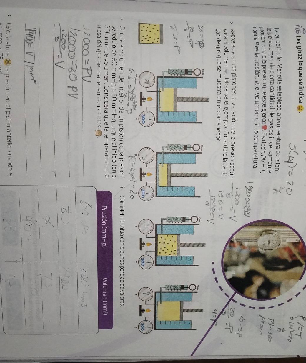 Lee y haz lo que se indica 
La ley de Boyle-Mariotte establece, a temperatura constan- 
te , el volumen de cierta cantidad de gas es inversamente 
proporcional a la presión que este ejerce O. Es decir, PV=T, 
donde P es la presión, V, el volumen y T, la temperatura. 
y Representa en los pistones la variación de la presión según 
varía el volumen . Observa el ejemplo. Considera la canti- 
dad de gas que se muestra en el contenedor. 
* Calcula el volumen del interior de un pistón cuya presión Completa la tabla con algunas parejas de valores. 
se redujo de 60 mmHg a 30 mmHg, y que al inicio tenía
200mm^3 de volumen. Considera que la temperatura y la Presión (mmHg) Volumen (mm³) 
masa del gas permanecen constantes 
_ 
_ 
_ 
_ 
_ 
_ 
_ 
_ 
_ 
_ 
_ 
__ 
_ 
_ 
_ 
_ 
_ 
Calcula ahora d la presión en el pistón anterior cuando el 
v o lumen e s 7 5 m m