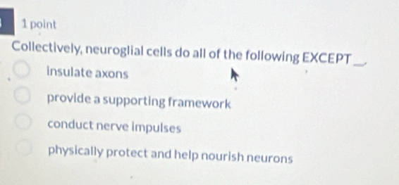 Collectively, neuroglial cells do all of the following EXCEPT_
insulate axons
provide a supporting framework
conduct nerve impulses
physically protect and help nourish neurons