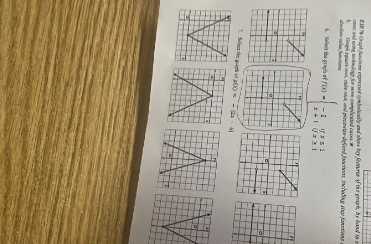 EIF76 Graph functions expressed symbolically and show key features of the graph, by hand in s
cases and using technology for more complicated cases. ★
Graph square root, cube root, and piecewise-defined functions, including step functions e
absolue value functions.
6. Select the graph of f(x)=beginarrayl -2ifx≤ 1 x+1ifx≥ 1endarray.
/
,
。
*
7. Select the graph of g(x)=-|2x-6|
。