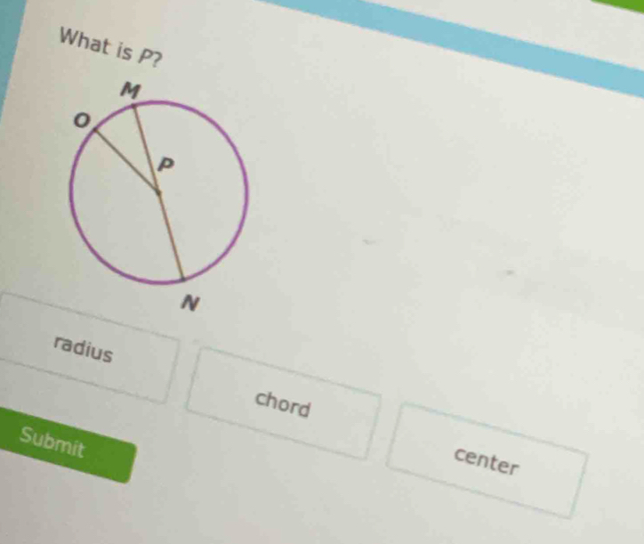 What is P?
radius
chord
Submit
center