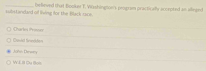 believed that Booker T. Washington's program practically accepted an alleged
substandard of living for the Black race.
Charles Prosser
David Snedden
John Dewey
W.E.B Du Bois