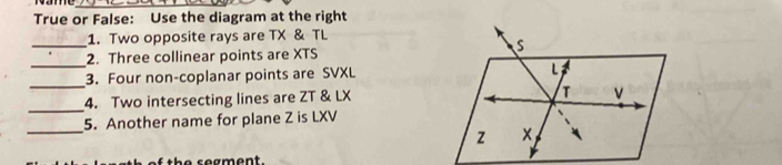 True or False: Use the diagram at the right 
_1. Two opposite rays are TX & TL
2. Three collinear points are XTS
_3. Four non-coplanar points are SVXL
_ 
4. Two intersecting lines are ZT & LX
_ 
5. Another name for plane Z is LXV
_ 
the segment.