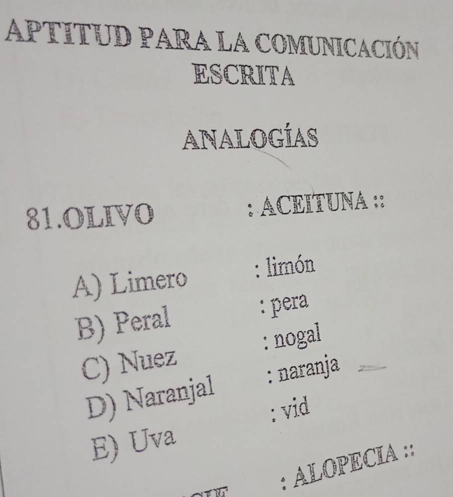 APTITUD PARA LA COMUNICACIÓN
ESCRITA
ANAloGÍaS
81.OLIVO : ACEITUNA ::
A) Limero : limón
B) Peral : pera
C) Nuez : nogal
D) Naranjal : naranja 
: vid
E) Uva
: ALOPECIA ::