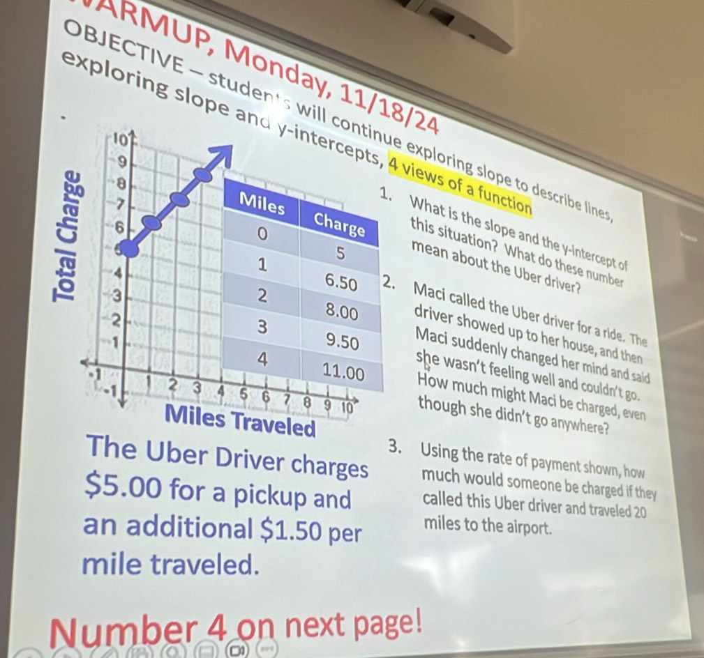 ARMUP, Monday, 11/1/24 
BJECTIVE — students wi exploring slope to describe lin 
exploring slope views of a functio 
this situation? What do these number 
What is the slope and the y-intercept o 
mean about the Uber driver? 
Maci called the Uber driver for a ride. Th 
driver showed up to her house, and then 
Maci suddenly changed her mind and said 
she wasn’t feeling well and couldn't go. 
How much might Maci be charged, even 
though she didn't go anywhere? 
3. Using the rate of payment shown, how 
The Uber Driver charges much would someone be charged if they
$5.00 for a pickup and called this Uber driver and traveled 20
an additional $1.50 per
miles to the airport.
mile traveled. 
Number 4 on next page!