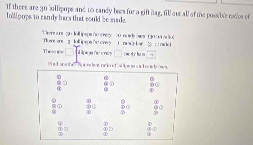 If there are 30 lollipops and 10 candy bars for a gift bag, fill out all of the possible ratios of 
lollipops to candy bars that could be made. 
There are 30 lollipops for every 10 candy bars (30 : 10 ratio) 
There are 3 lollipops for every 1 candy bar (3 :1 ratio) 
There are □ ollipops for every □ candy bars try 
Find another equivalent ratio of lollipops and candy bars.