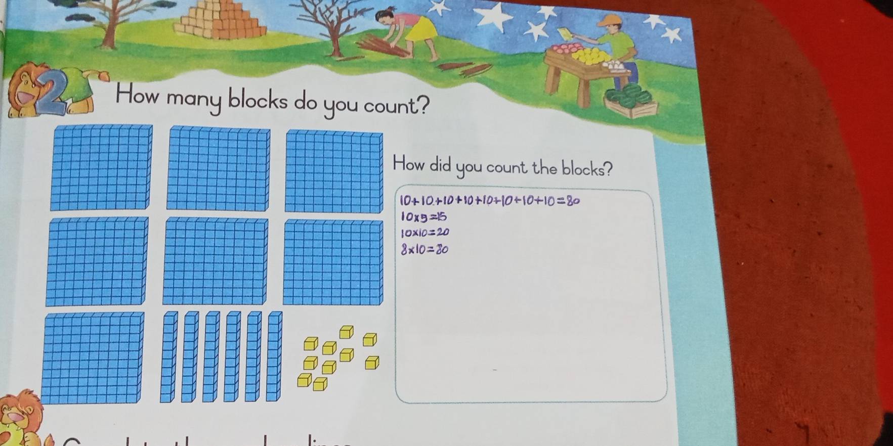 How many blocks do you count?
ow did you count the blocks?
10+10+10+10+10+10+10+10=80
10* 5=15
10* 10=20
8* 10=80