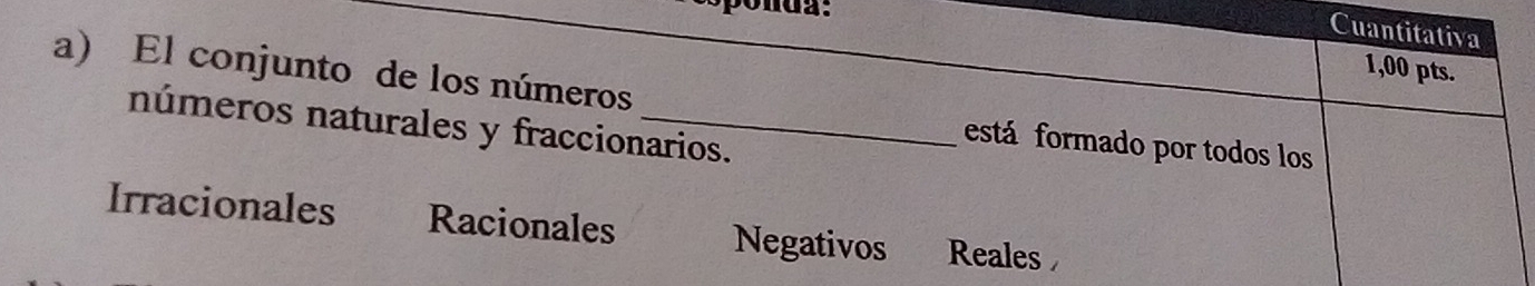 Cuantitativa
1,00 pts.
a) El conjunto de los números _está formado por todos los
números naturales y fraccionarios.
Irracionales Racionales Negativos Reales