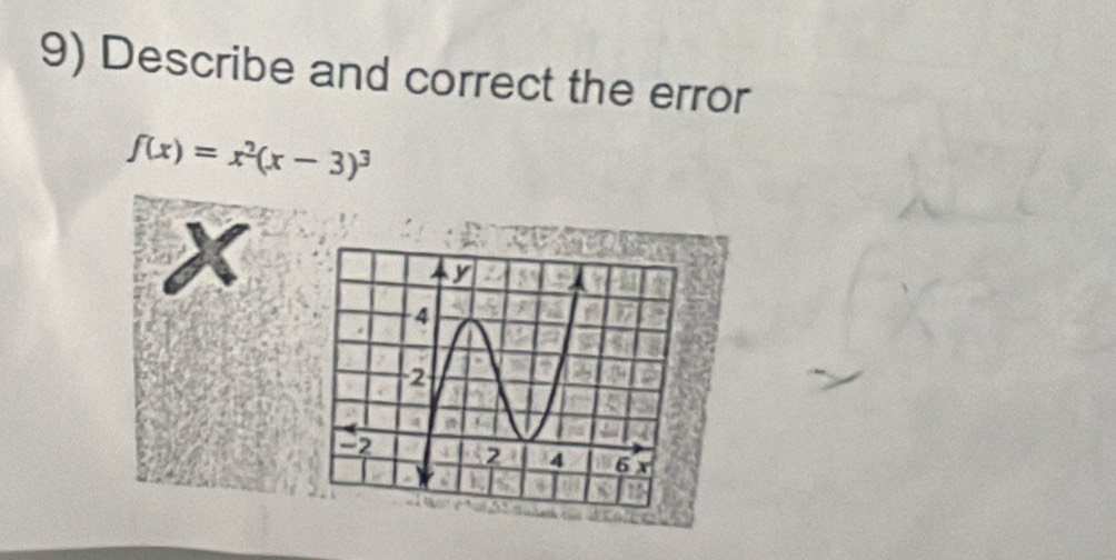 Describe and correct the error
f(x)=x^2(x-3)^3
X