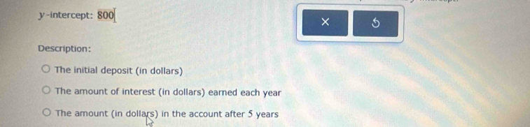 y-intercept: 800
× 
Description: 
The initial deposit (in dollars) 
The amount of interest (in dollars) earned each year
The amount (in dollars) in the account after 5 years