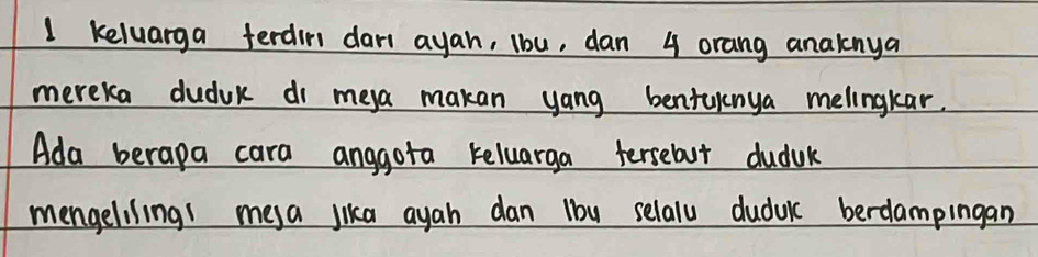 keluarga ferdin dar ayan, lbou, dan 4 orang anaknya 
mereka dudnk dr meya makan yang bentuknya melingkar. 
Ada berapa cara anggota reluarga terselut duduk 
mengelilings mesa lika ayah dan 1by selalu duduk berdampingan