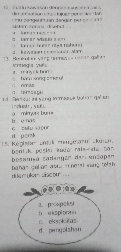 Suatu kawasan dengan ekosistem asli.
dimanfaatkan untuk tujuan penelitian dan
ilmu pengetahuan dengan pengelolaan
sistem zonasi, disebut ....
a taman nasional
b. taman wisata alam
c. taman hutan raya (tahura)
d. kawasan pelestarian alam
13. Berikut ini yang termasuk bahan galian
strategis, yaitu ....
a. minyak bumi
b. batu konglomerat
c. emas
d. tembaga
14. Berikut ini yang termasuk bahan galian
industri, yaitu ....
a. minyak bumi
b. emas
c. batu kapur
d. perak
15. Kegiatan untuk mengetahui ukuran,
bentuk, posisi, kadar rata-rata, dan
besarnya cadangan dari endapan
bahan galian atau mineral yang telah
ditemukan disebut ....
a. prospeksi
b. eksplorasi
c. eksploitasi
d. pengolahan