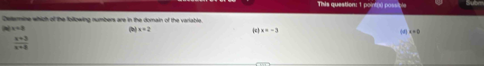 This question: 1 point(s) possible Subm
Deltermine which of the following numbers are in the domain of the variable.
A x=8 (b) x=2 (c) x=-3 x=0
(d)
 (x+3)/x+8 