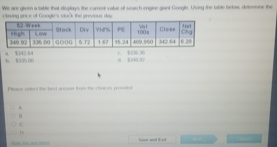 We are given a table that displays the current value of search engine giant Google. Using the table below, determine the
closing price of Google's stock the previous day.
a. $342.64 c. $336.36
b. $335.00 d. $348.92
Please select the best answer from the choices provided
A
B
C
D
Mark this and return Save and Exit = Next 2 Submit