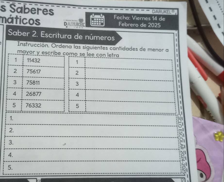 Saberes 
DARUKELO 
Fecha: Viernes 14 de 
máticos D Febrero de 2025 
Saber 2. Escritura de números 
1 
1 
Instrucción. Ordena las siguientes cantidades de menor a 1 
mayor y escribe como se lee con letra 
1 
1 11432 1 
1 
1 
2 75617 2 
3 75811
3 
4 26877 4
5 76332 5
1. 
2. 
3. 
4. 
5.