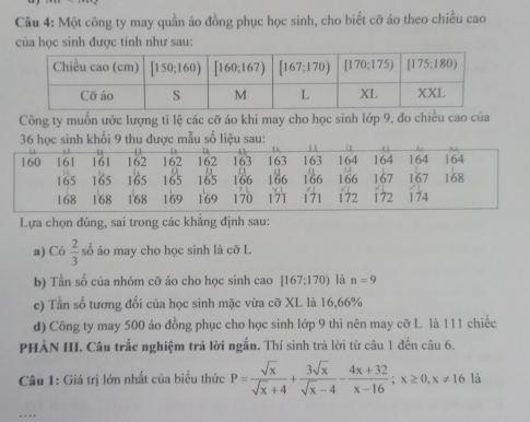 Một công ty may quần áo đồng phục học sinh, cho biết cỡ áo theo chiều cao
của học sinh được tính như sau:
Công ty muốn ước lượng tỉ lệ các cỡ áo khi may cho học sinh lớp 9, đo chiều cao của
Lựa chọn đúng, sai trong các khẳng định sau:
a) Có  2/3 s ố áo may cho học sinh là cỡ L
b) Tần số của nhóm cỡ áo cho học sinh cao [167:170) là n=9
c) Tần số tương đối của học sinh mặc vừa cỡ XL là 16,66%
d) Công ty may 500 áo đồng phục cho học sinh lớp 9 thì nên may cỡ L là 111 chiếc
PHÀN III. Câu trắc nghiệm trả lời ngắn. Thí sinh trả lời từ câu 1 đến câu 6.
Câu 1: Giá trị lớn nhất của biểu thức P= sqrt(x)/sqrt(x)+4 + 3sqrt(x)/sqrt(x)-4 - (4x+32)/x-16 ;x≥ 0,x!= 16 là