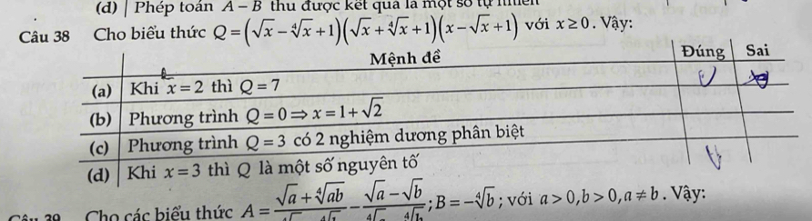 Phép toán A - B thu được kết qua là một số tự nển
Câu 38 Cho biểu thức Q=(sqrt(x)-sqrt[4](x)+1)(sqrt(x)+sqrt[4](x)+1)(x-sqrt(x)+1) với x≥ 0. Vậy:
8  Cho các biểu thức A= (sqrt(a)+sqrt[4](ab))/sqrt(a) - (sqrt(a)-sqrt(b))/4sqrt(a) ;B=-sqrt[4](b); với a>0,b>0,a!= b. Vậy: