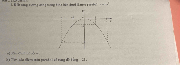 BM 2 (1,5 dm). 
1. Biết rằng đường cong trong hinh bên dưới là một parabol y=ax^2
a) Xác định hê số a. 
b) Tim các điểm trên parabol có tung độ bằng −25.