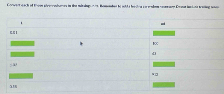 Convert each of these given volumes to the missing units. Remember to add a leading zero when necessary. Do not include trailing zeros.