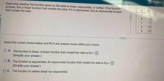 Points: 
Determine whether the function given by the table is linear, exponential, or neither. If the function
that models the data. is linear, find a linear function that models the data; if it is exponential, find an exponential function 
:
Select the correct choice below and fill in any answer boxes within your choice.
A. The function is linear. A linear function that models the data is f(x)=□ .
(Simplify your answer.)
B. The function is exponential. An exponential function that models the data is f(x)=□ .
(Simplify your answer.)
C. The function is neither linear nor exponential.