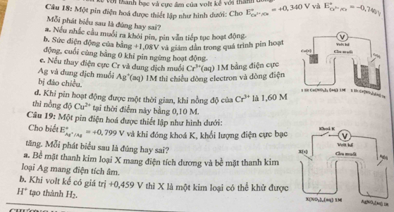 với thành bạc và cực âm của volt kê với thành dó
Câu 18: Một pin điện hoá được thiết lập như hình dưới: Cho E_ce^(2+)/Cu^circ =+0,340V và E_ce^(3+)/ce^circ =-0,740y
Mỗi phát biểu sau là đúng hay sai?
a. Nếu nhấc cầu muối ra khỏi pin, pin vẫn tiếp tục hoạt động.
b. Sức điện động của bằng +1,08V và giảm dân trong quá trình pin hoạt 
động, cuối cùng bằng 0 khi pin ngừng hoạt động.
c. Nếu thay điện cực Cr và dung dịch muối Cr^(3+)(aq)1M bằng điện cực
bị đảo chiều.
Ag và dung dịch muối Ag^+ (aq) 1M thì chiều dòng electron và dòng điện
d. Khi pin hoạt động được một thời gian, khi nồng độ của Cr^(3+) là 1,60 M
thì nồng độ Cu^(2+) tại thời điểm này bằng 0,10 M.
Câu 19: Một pin điện hoá được thiết lập như hình dưới: 
Cho biết E_Ag^+/Ag^circ =+0,799V và khi đóng khoá K, khối lượng điện cực bạc
tăng. Mỗi phát biểu sau là đúng hay sai?
a. Bể mặt thanh kim loại X mang điện tích dương và bề mặt thanh kim
loại Ag mang điện tích âm.
b. Khi volt kế có giá trị +0,459 V thì X là một kim loại có thể khử được
H* tạo thành H_2.