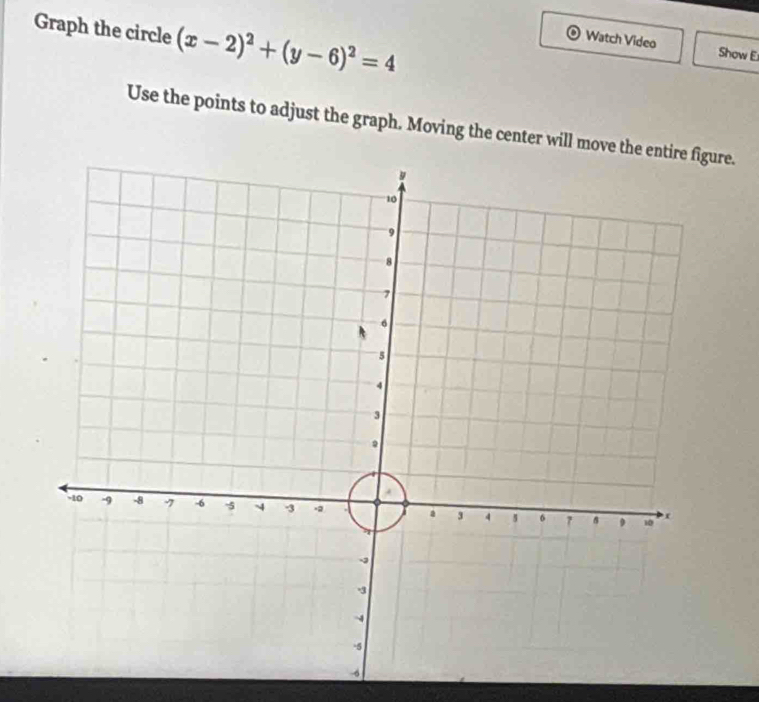 Graph the circle (x-2)^2+(y-6)^2=4
Watch Video Show E 
Use the points to adjust the graph. Moving the center will move the entre.