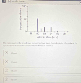 Mark for Hevinw
The musss spectrune for an unknown efement is shown above. Aoconding to the information is the
spoctrum, the alomic mass of the unkaown element is clesest to
A GD ABD
01 amu
53 anu
94 um