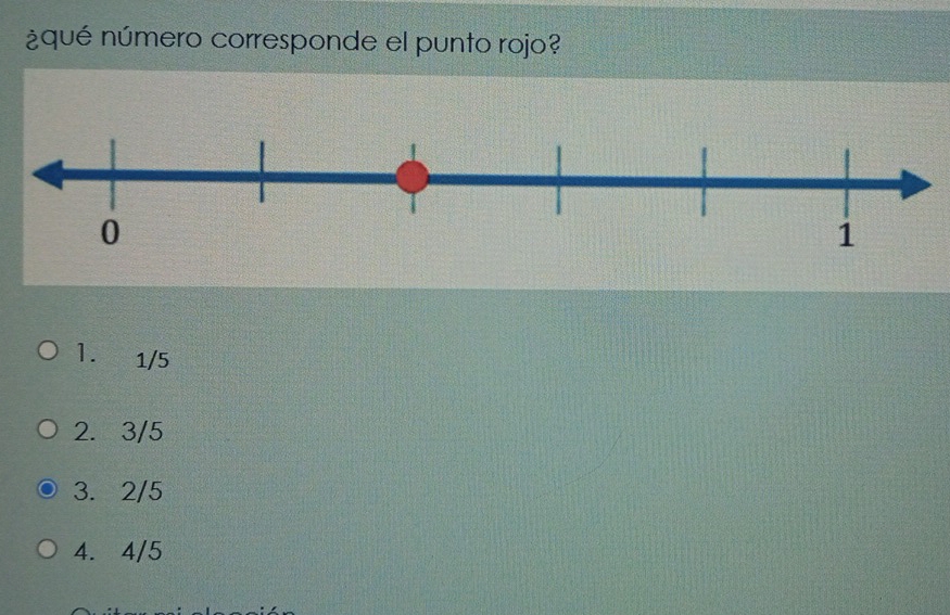 ¿qué número corresponde el punto rojo?
1. 1/5
2. 3/5
3. 2/5
4. 4/5