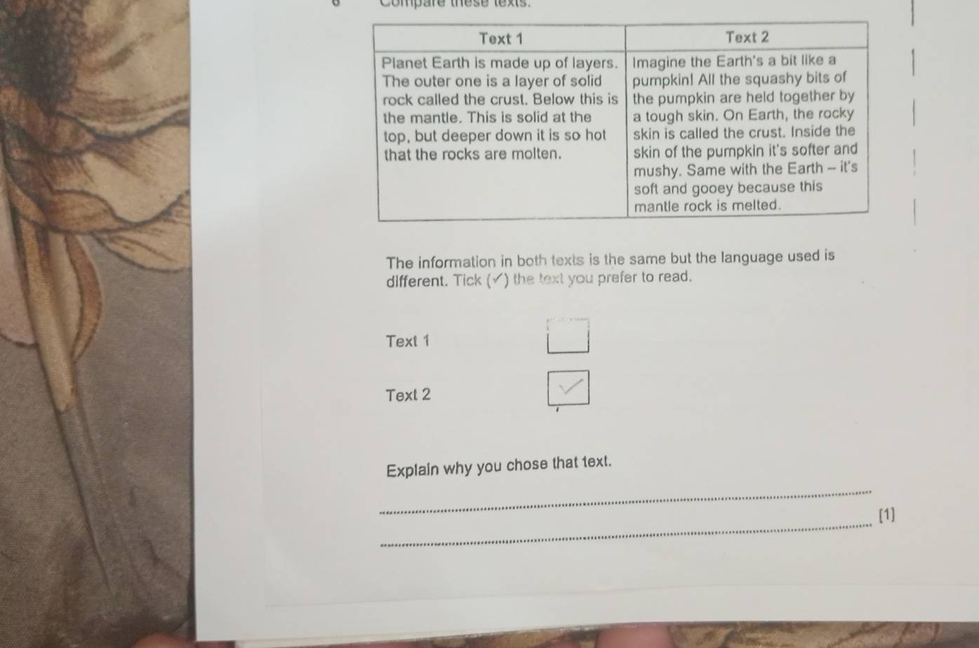 Compare these texts. 
The information in both texts is the same but the language used is 
different. Tick (✓) the text you prefer to read. 
Text 1 
Text 2 
Explain why you chose that text. 
_ 
_ 
[1]