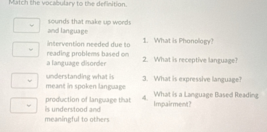 Match the vocabulary to the definition. 
sounds that make up words 
and language 
intervention needed due to 1. What is Phonology? 
reading problems based on 
a language disorder 
2. What is receptive language? 
understanding what is 3. What is expressive language? 
meant in spoken language 
production of language that 4. What is a Language Based Reading 
Impairment? 
is understood and 
meaningful to others