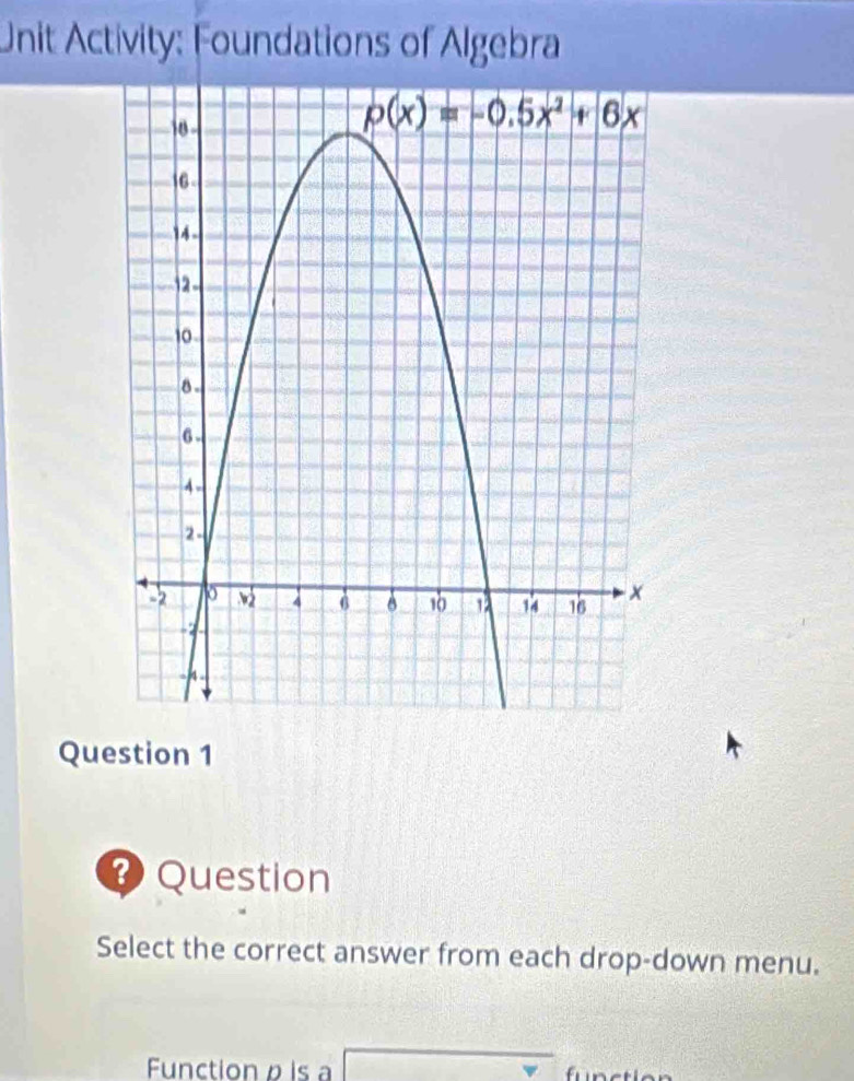 Unit Activity: Foundations of Algebra
Question 1
Question
Select the correct answer from each drop-down menu.
Function ρ is a°