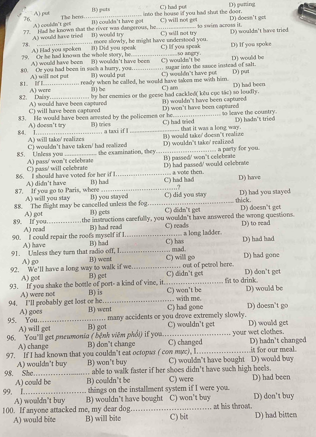 A) put B) puts C) had put D) putting
76. The hens_ into the house if you had shut the door.
A) couldn’t get B) couldn’t have got C) will not get D) doesn’t get
77. Had he known that the river was dangerous, he _to swim across it.
_
A) would have tried B) would try C) will not try D) wouldn’t have tried
more slowly, he might have understood you.
78. B) Did you speak C) If you speak D) If you spoke
A) Had you spoken
79. Or he had known the whole story, he._ ..so angry. D) would be
A) would have been B) wouldn’t have been C) wouldn’t be
80. Or you had been in such a hurry, you _sugar into the sauce instead of salt.
A) will not put B) would put C) wouldn’t have put D) put
81. If I_ ready when he called, he would have taken me with him.
A) were B) be C) am D) had been
82. Daisy_ by her enemies or the geese had cackled( kêu cục tác) so loudly.
A) would have been captured B) wouldn’t have been captured
C) will have been captured D) won’t have been captured
83. He would have been arrested by the policemen or he._ to leave the country.
A) doesn’t try B) tries C) had tried D) hadn’t tried
84. I._ a taxi if I _.. that it was a long way.
A) will take/ realizes B) would take/ doesn’t realize
C) wouldn’t have taken/ had realized D) wouldn’t take/ realized
85. Unless you _the examination, they _ a party for you.
A) pass/ won’t celebrate B) passed/ won’t celebrate
C) pass/ will celebrate D) had passed/ would celebrate
86. I should have voted for her if I _. a vote then.
A) didn’t have B) had C) had had D) have
87. If you go to Paris, where _…?
A) will you stay B) you stayed C) did you stay D) had you stayed
88. The flight may be cancelled unless the fog _thick.
A) got B) gets C) didn’t get D) doesn’t get
89. If you._ the instructions carefully, you wouldn’t have answered the wrong questions.
A) read B) had read C) reads D) to read
90. I could repair the roofs myself if I._ a long ladder.
A) have B) had C) has D) had had
91. Unless they turn that radio off, I_ mad.
A) go B) went C) will go D) had gone
92. We’ll have a long way to walk if we _. out of petrol here. D) don’t get
A) got B) get C) didn’t get
93. If you shake the bottle of port- a kind of vine, it._ fit to drink.
A) were not B) is C) won’t be D) would be
94. I’ll probably get lost or he._ . with me.
A) goes B) went C) had gone D) doesn’t go
95. You._   many accidents or you drove extremely slowly.
A) will get B) got C) wouldn’t get D) would get
96. You’ll get pneumonia ( bệnh viêm phổi) if you_ your wet clothes.
A) change B) don’t change C) changed D) hadn’t changed
97. If I had known that you couldn’t eat octopus ( con mực), I_ .it for our meal.
A) wouldn’t buy B) won’t buy C) wouldn’t have bought D) would buy
98. She _able to walk faster if her shoes didn’t have such high heels.
A) could be B) couldn’t be C) were D) had been
99. I._ things on the installment system if I were you.
A) wouldn’t buy B) wouldn’t have bought C) won’t buy D) don’t buy
100. If anyone attacked me, my dear dog_ . at his throat.
A) would bite B) will bite C) bit D) had bitten