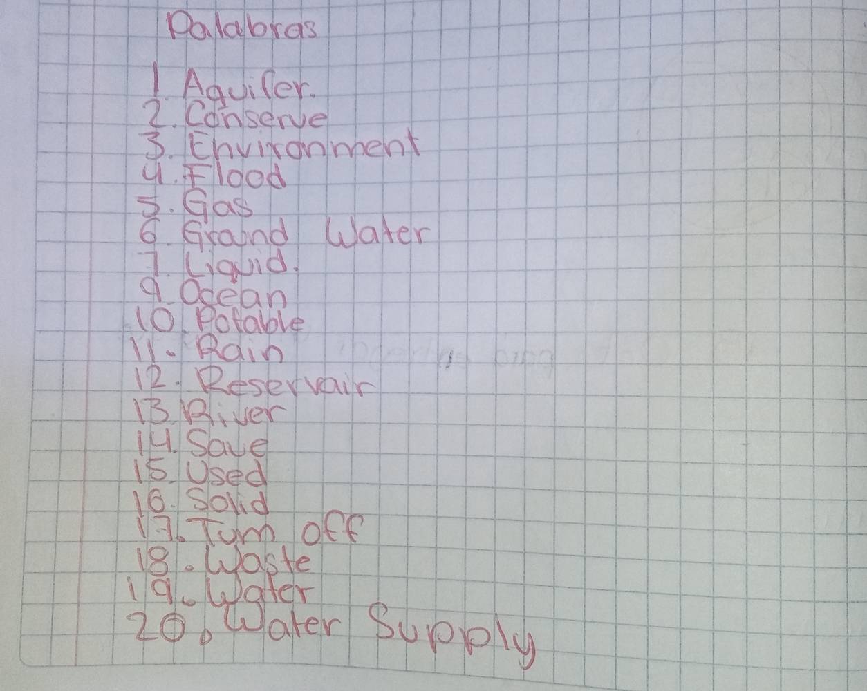 Palabras 
1 Aquiler. 
2. Conserve 
3. Ehvironment 
9. Fldod 
3. Gas 
6. Grand Water 
7. (iouid 
a Ocean 
(0Potable 
LY. Rain 
12. Reservaur 
13 iver 
14. Save 
15 Used 
16. Soud 
17. Tum oef 
18. Waste 
19. Water 
20. Water Supply